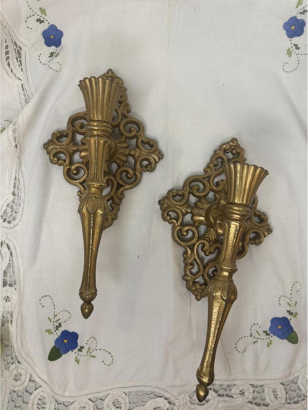 Pair of Vintage Ornate Brass Wall Sconces